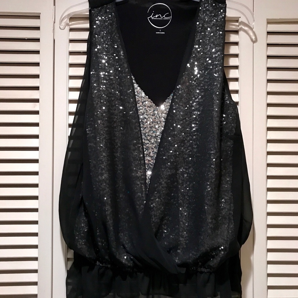 INC Black Sliver Sequin Top Size Large